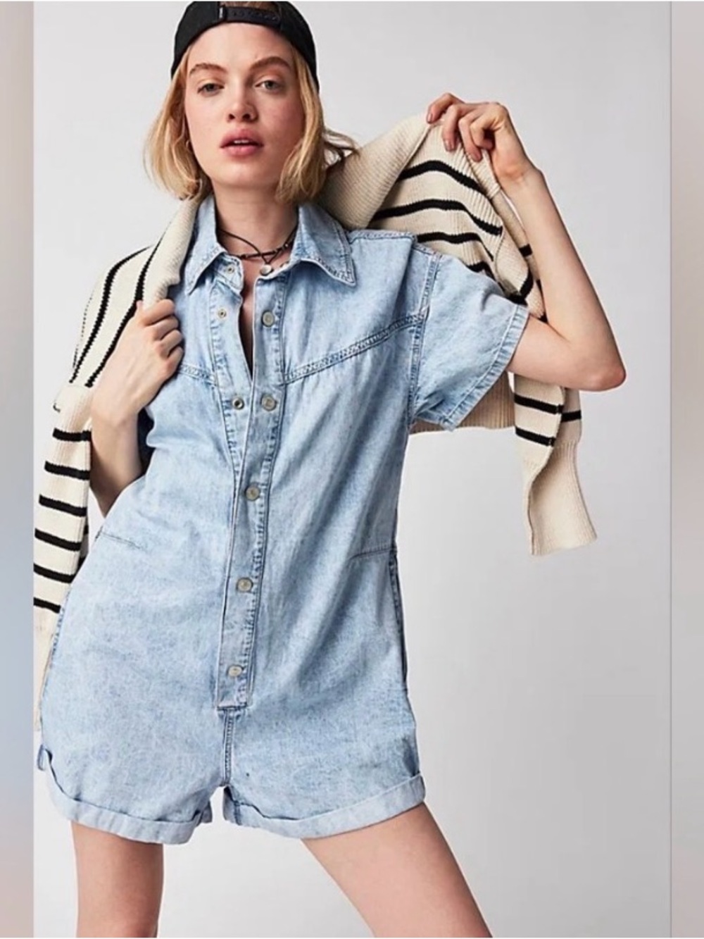 Free People Renegade Denim Coverall Romper Sz S Light Wash Effortless One-Piece